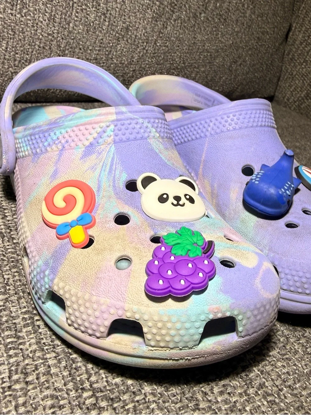 Crocs Kids' Classic Marbled Clogs in a purple/pink and blue  size C11